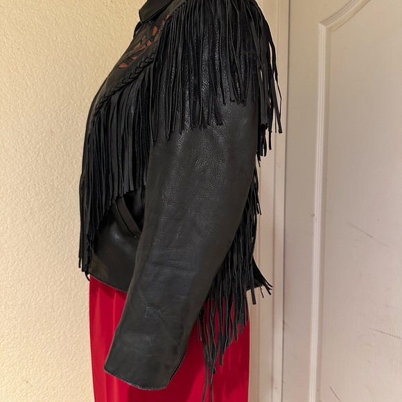 Black Fringe Leather Biker Jacket with Cut Out Rose Details - Picture 9 of 16